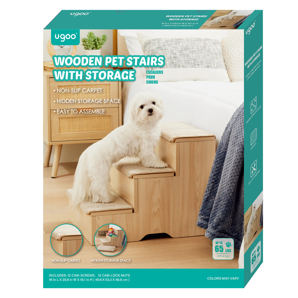 Wooden 3-Step Dog Stairs with Storage - Additional Image 1
