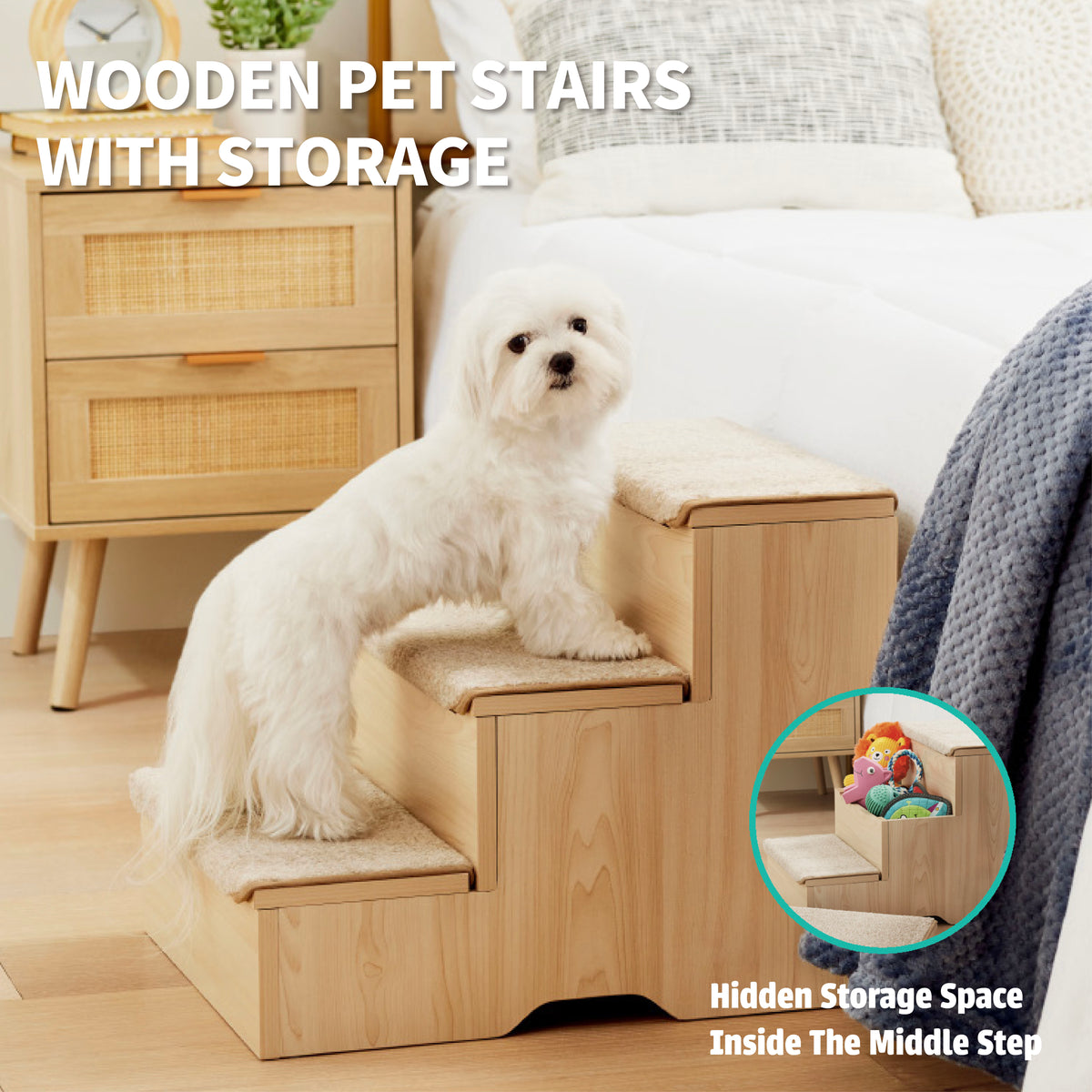 Wooden 3-Step Dog Stairs with Storage - Additional Image 2